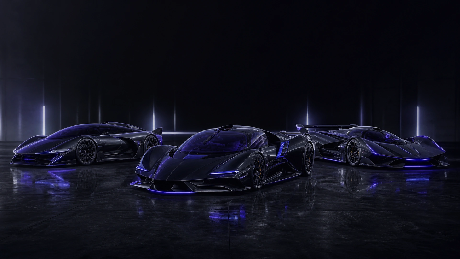 Aetherion futuristic electric vehicle launch lineup in a dark indigo studio